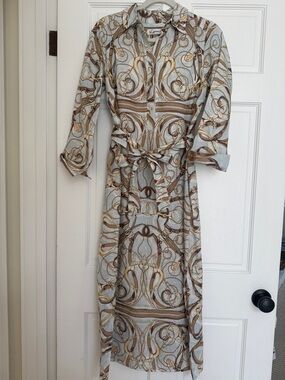 ILinen Light Blue and Gold Patterned Shirt Dress with Waist Tie